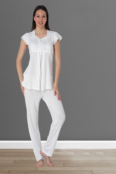 BLACKMORE Women's Ecru Short Sleeve Lace Cotton Maternity Pajama Set