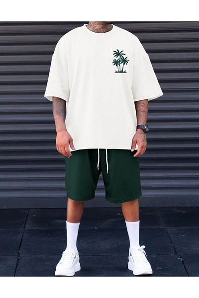 ACTIVE MODA - Men's Short Sleeve Tree Print Tshirt-Shorts Set 2 Pack Cotton Large Size