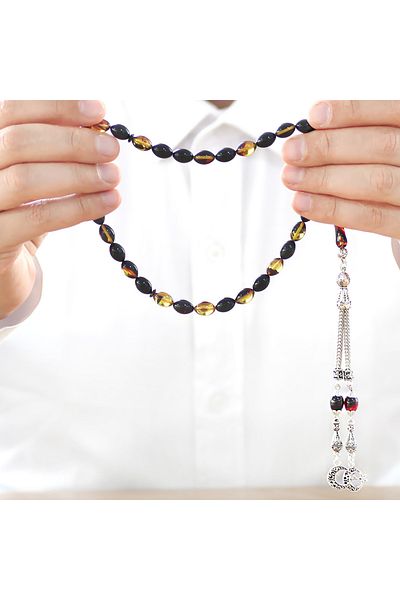 Tesbihane Non-Tarnish Metal Crescent Star Tasseled Barley Cut Bala-Black Fire Amber Prayer Beads