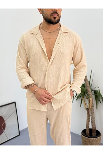 Combineman35 Μπεζ ανδρικό καλοκαιρινό ύφασμα Crinkle Lycra μακρυμάνικο πουκάμισο αθλητική φόρμα 2 τεμαχίων