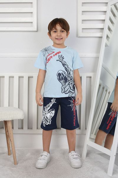 Yağmur Giyim İsob Blue Spiderman Patterned 100% Cotton Boy's Short Sleeve Shorts Suit 3-12 Years 24409-m