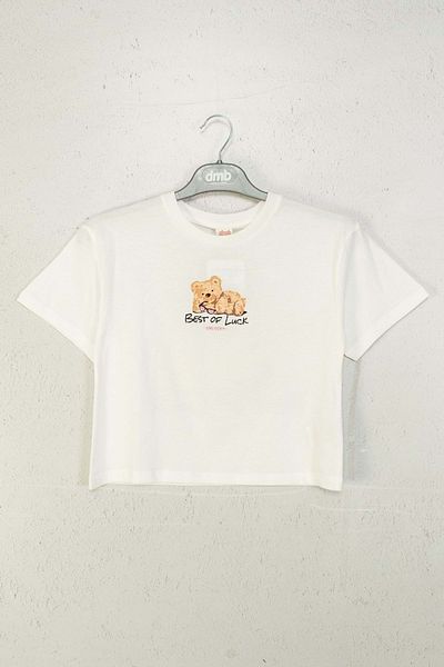 wakawakakidsstore Best Of Luck" Tricou Crop Alb Imprimat Ursuleț De Pluș Pentru Fată - Ecru