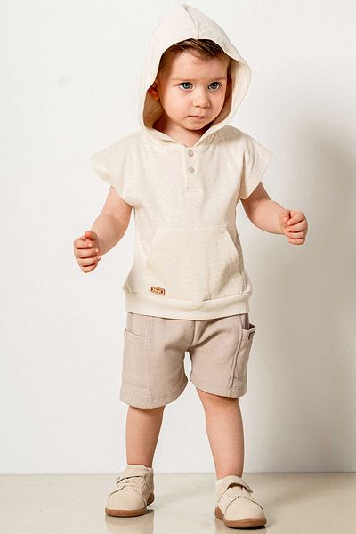 bombe Baby Kids Beige Hooded Shorts Cotton Comfortable 2-Piece Set Trend Fashion Bottom Top Set