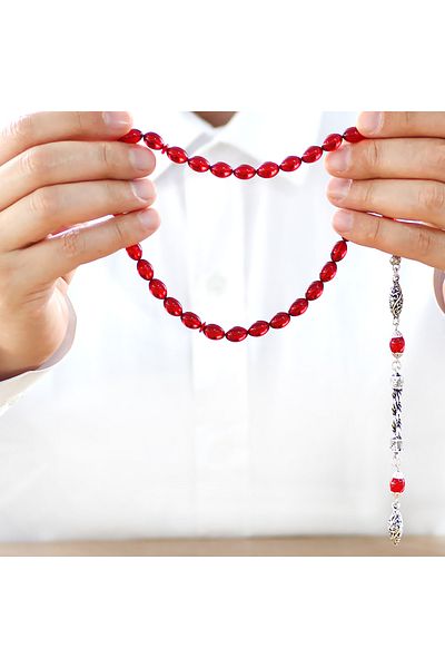 Tesbihane Non-Tarnish Metal Rope Tasseled Barley Cut Flag Red Fire Amber Prayer Beads