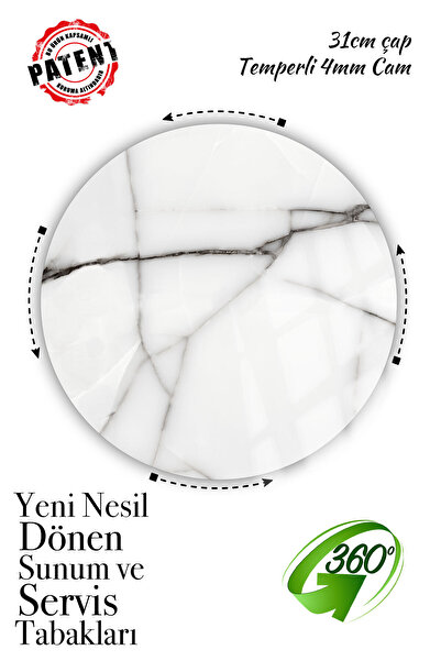 Sunum360 Beyaz Mermer Desenli, Dönen Standlı Lüx Servis Sunum Tabağı. Dönen P...