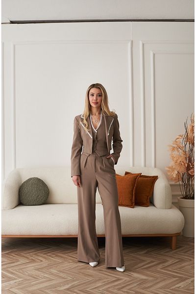 Rabia Çelik Women's Brown Lace Detailed High Waist Pants Vest Blazer Jacket 3 Piece Suit
