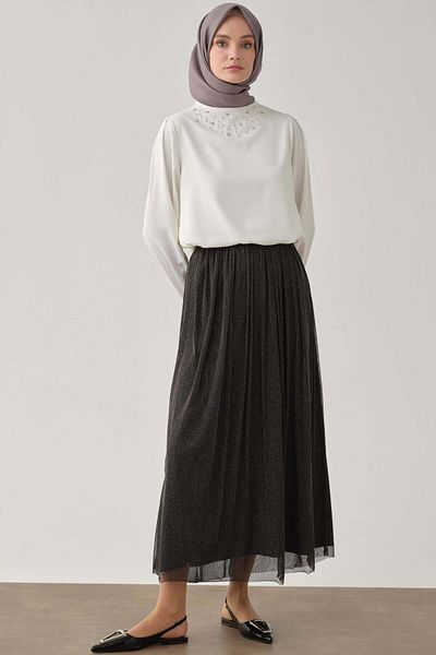 Tuğba Anthracite Gathered Glitter Tulle Skirt