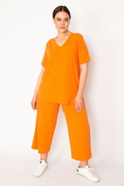 Şans Orangefarbenes Leibchen für Damen, gestrickt, elastische Taille, weites Bein, Hose, V-Ausschnitt, Blusenanzug 65N32939