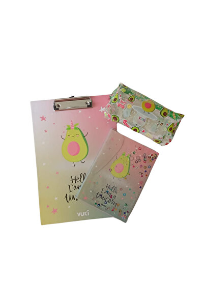 VUKİ Simli ve Sulu Kapaklı A5 Defter, Kalemlik ve Sekreterlik Set - Avokado Desenli