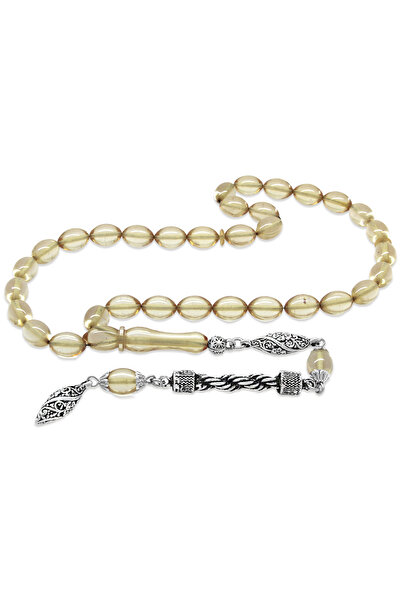 Tesbihane Non-Tarnish Metal Rope Tasseled Barley Cut Transparent White Fire Amber Prayer Beads