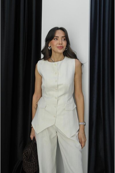 Havoş Stone Color Linen Vest with Belt on the Back