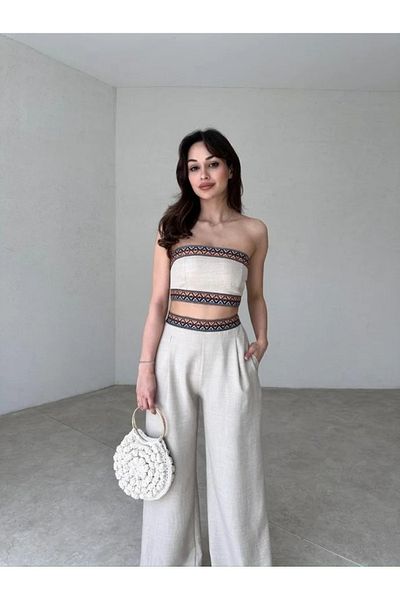 FASHION COCKTAIL Aztec Motif Stripe Corset, Crop Top, Pocket Elastic Palazzo Pantalon and Modern Ethnic Set