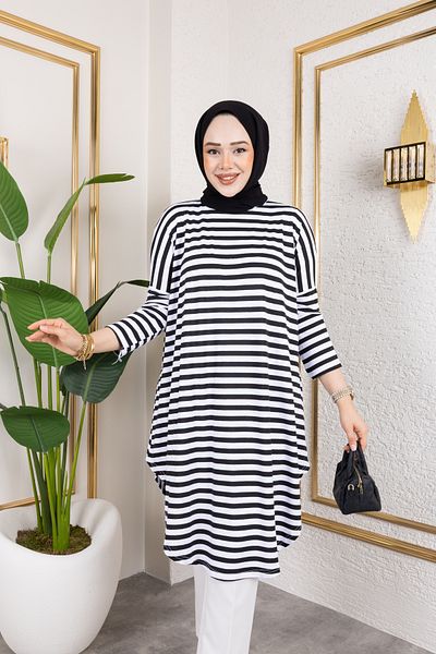 ensade Striped Combed Cotton Oversize Women's Tunic - Summer Comfortable Fit
