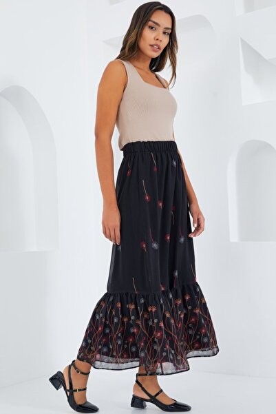 JANES Черна и оранжева пола от шифон с шарки 8010