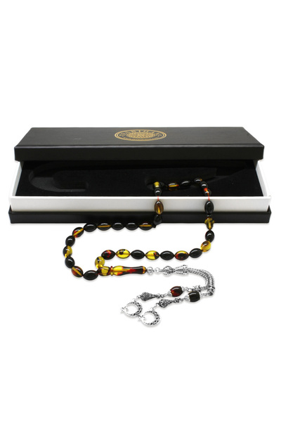 Tesbihane Нетемніючий метал Ayyıldız з бахромою, різаний ячмінь, чорний вогонь, бурштиновий чотки