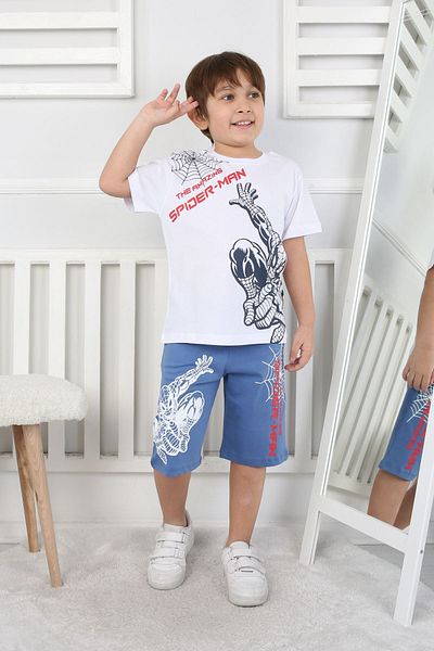 Yağmur Giyim İsob White Spiderman Patterned 100% Cotton Boy's Short Sleeve Shorts Suit 3-12 Years 24409-B