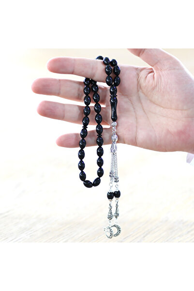 Tesbihane Kararmaz Metal Ayyıldız Püsküllü Arpa Kesim Kırmızı-siyah Ateş Kehribar Tesbih