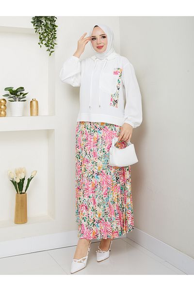 MODAMERSİ Women's White Hooded Blouse Patterned Pleated Skirt Double Set