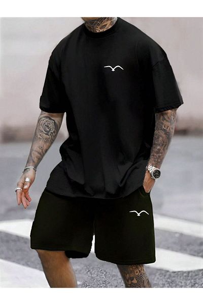 ACTIVE MODA - Men's Short Sleeve Bird Print Tshirt-Shorts Set 2 Pack Cotton Large Size