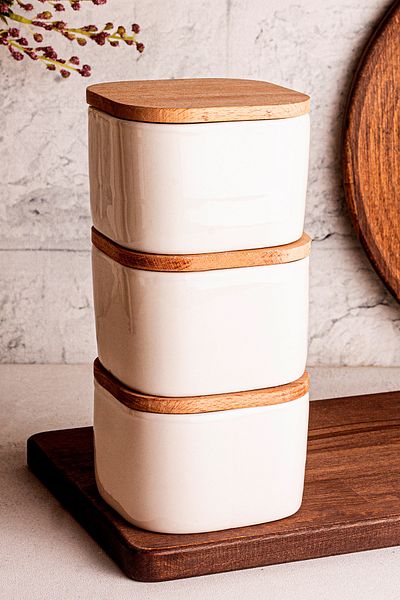 Snippy Luma Soft White - 3-Piece Wooden Vacuum Lid Ceramic Breakfast Ceramic Bowl Snack Bowl 300 ml