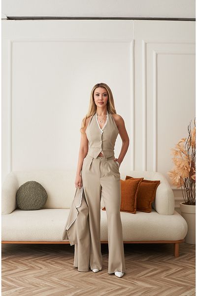 Rabia Çelik Women's Cream Lace Detailed High Waist Pants Vest Blazer Jacket 3-Piece Suit