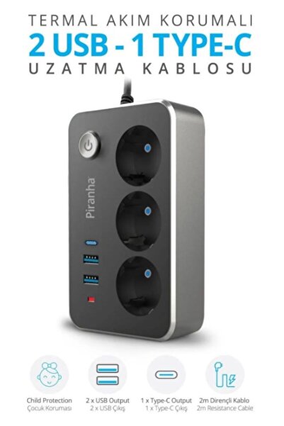 PR Piranha, Akım Korumalı Iz, 2 X Usb - 1 X Type-c Girişli, 3'lü Iz Ve Uzatma...