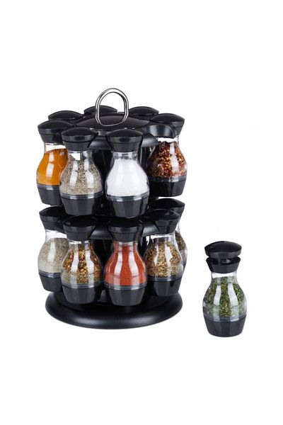 Relaxdays Set 16 recipiente pentru condimente cu suport rotativ, otel inoxidabil, 29 x 19 cm, Relaxdays
