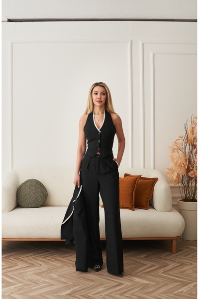 Rabia Çelik Women's Black Lace Detailed High Waist Pants Vest Blazer Jacket 3 Piece Suit