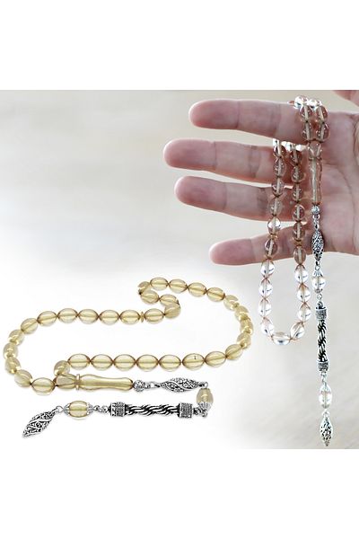 Tesbihane Non-Tarnish Metal Rope Tasseled Barley Cut Transparent White Fire Amber Prayer Beads