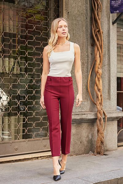 Jument Women's High Waist Front Stitched Waist Epaulette Buttoned Pipe Leg Lightweight Lycra Fabric Trousers-Burgundy