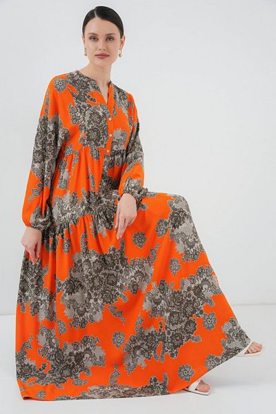 Simala 2423 Authentic Patterned Hijab Dress - E. Orange