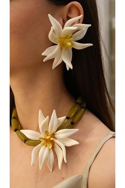 Jerie Ecru Acrylic Flower Figure Maxi Earrings