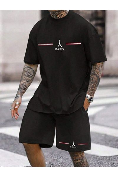 ACTIVE MODA - Men's Short Sleeve Paris Printed Tshirt-Shorts Set 2-Pack Cotton Large Size