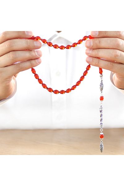Tesbihane Tarnish-Free Metal Rope Tasseled Barley Cut Amber Red Fire Amber Rosary