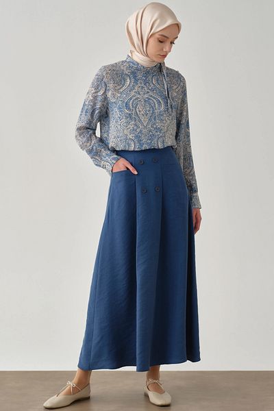 Tuğba Button Detailed Skirt with Pockets - Indigo