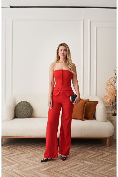 Rabia Çelik Women's Red Front Buttoned Strapless Bustier Pants 2 Piece Suit