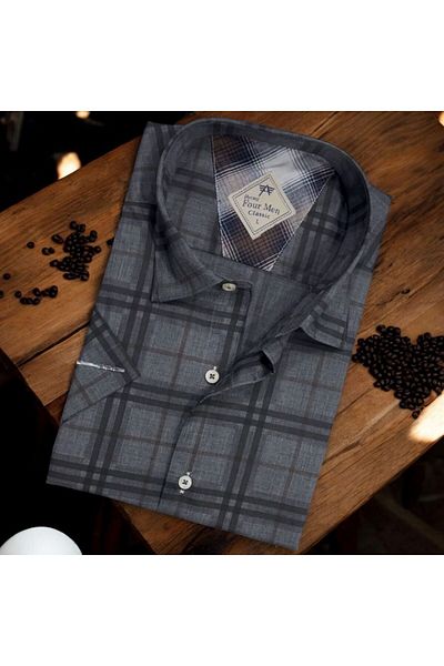 GÖMLEK GALERİSİ Men's Classic Relaxed Fit Short Sleeve Checked Cotton Shirt