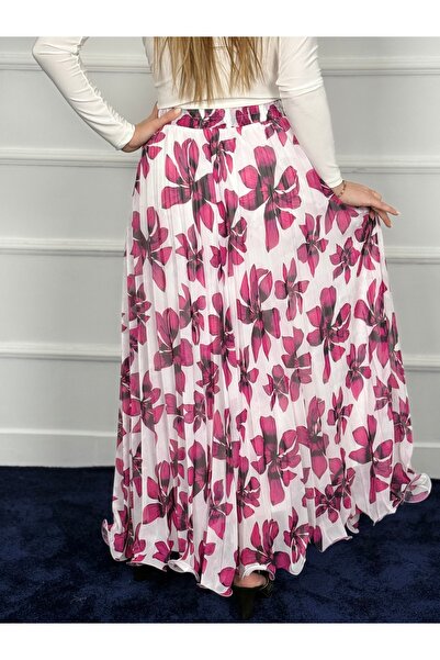 RACE FASHİON Flounced Elastic Waist Pleated Patterned Chiffon Skirt Rc4004