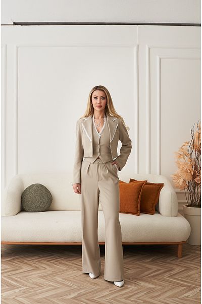 Rabia Çelik Women's Cream Lace Detailed High Waist Pants Vest Blazer Jacket 3-Piece Suit