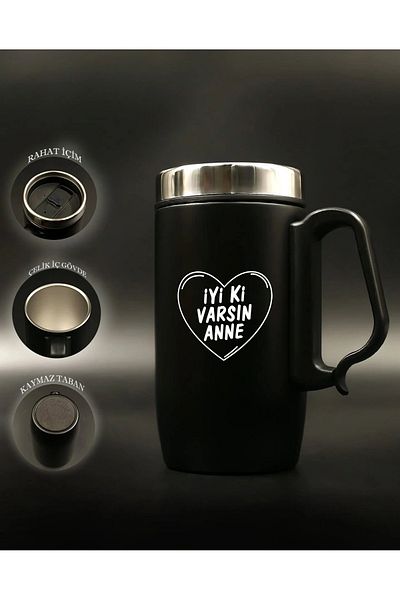 nesnel yayınlar Special for Mother's Day, My Dear Mother Written Thermos Cup with Black Handle