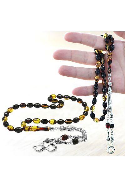 Tesbihane Non-Tarnish Metal Crescent Star Tasseled Barley Cut Bala-Black Fire Amber Prayer Beads