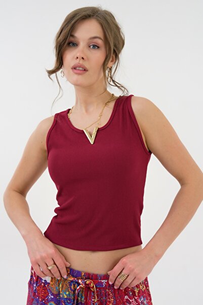 Saade Burgundy V-Neck Accessory Detailed Ribbed Knitted Undershirt