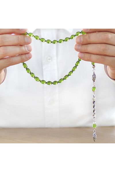 Tesbihane Non-Tarnish Metal Rope Tasseled Barley Cut Water Green Fire Amber Prayer Beads