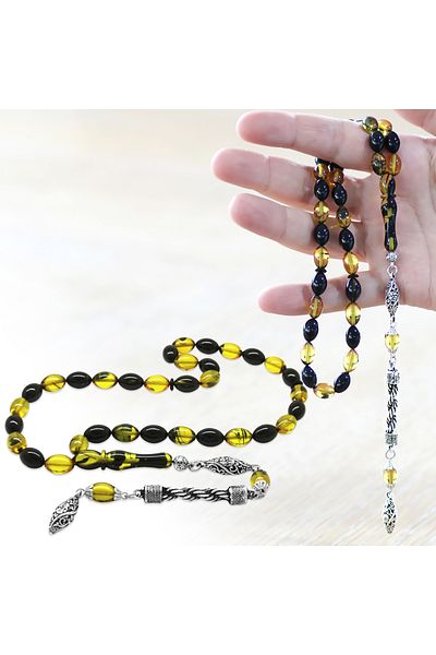 Tesbihane Non-Tarnish Metal Rope Tasseled Barley Cut Yellow-black Fire Amber Prayer Beads