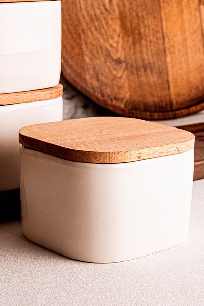 Snippy Luma Soft White 4-Piece Wooden Vacuum Lid Ceramic Breakfast 300ml