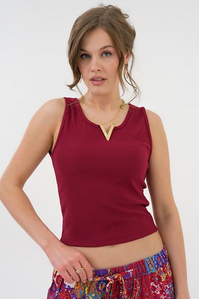 Saade Burgundy V-Neck Accessory Detailed Ribbed Knitted Undershirt