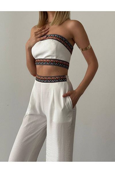 FASHION COCKTAIL مشد مخطط بزخارف أزتيك، بلوزة قصيرة، بنطال بالازو مرن بجيوب وبدلة عرقية حديثة