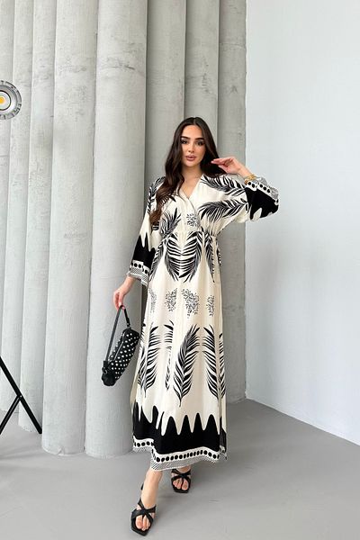 Mezka Black Patterned Long Dress with Slit Detail and Elastic Waist