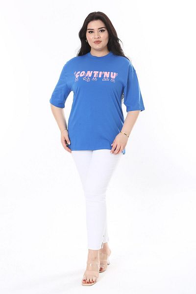 Şans Plus Size Women's Blouse - Saxe, Cotton, Front Print, Short Sleeve 65N38008