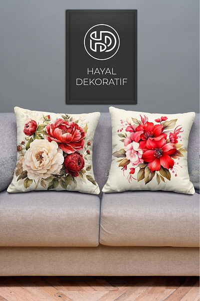 Hayal Dekoratif Cream Floor Red Flower Patterned Digital Printed 2-Piece Throw Pillow Pillowcase Set